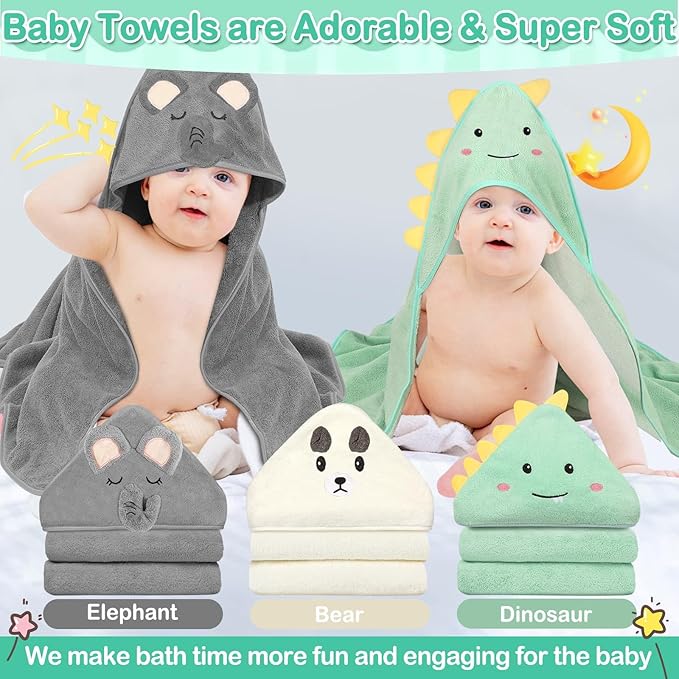 12 Pcs Baby Towels and Washcloths Set, Hooded Baby Towel, Soft and Absorbent Baby Bath Towels, 3 PCS Cute 32x32 in Baby Towel with Hood and 9 Pcs Baby Washcloths for Boys and Girls
