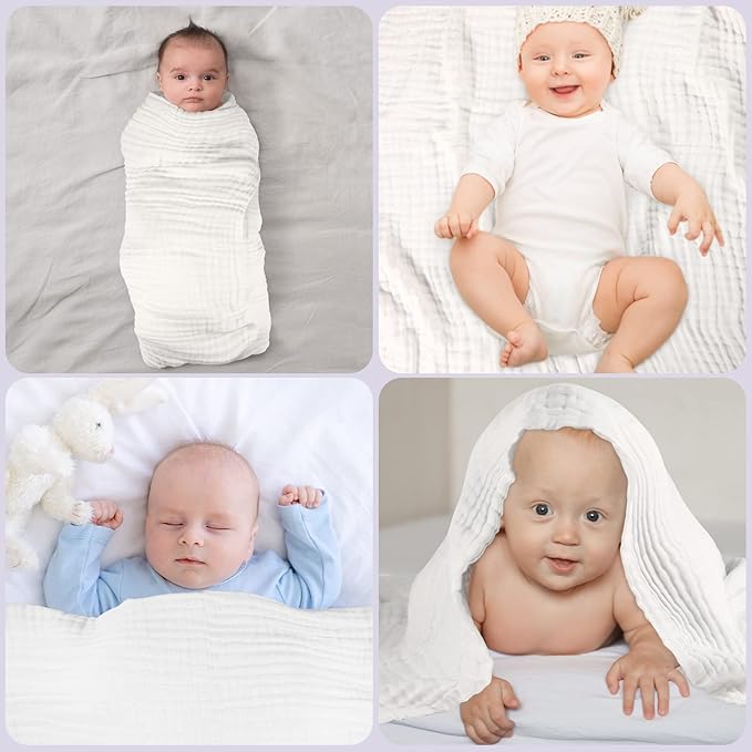 MUKIN Baby Bath Towels, Super Soft Cotton Receiving Blanket for Baby's Delicate Skin,2Pack Swaddle Blanket for Newborns Toddlers Boy Girl,Baby Registry as Shower (White+Blue)