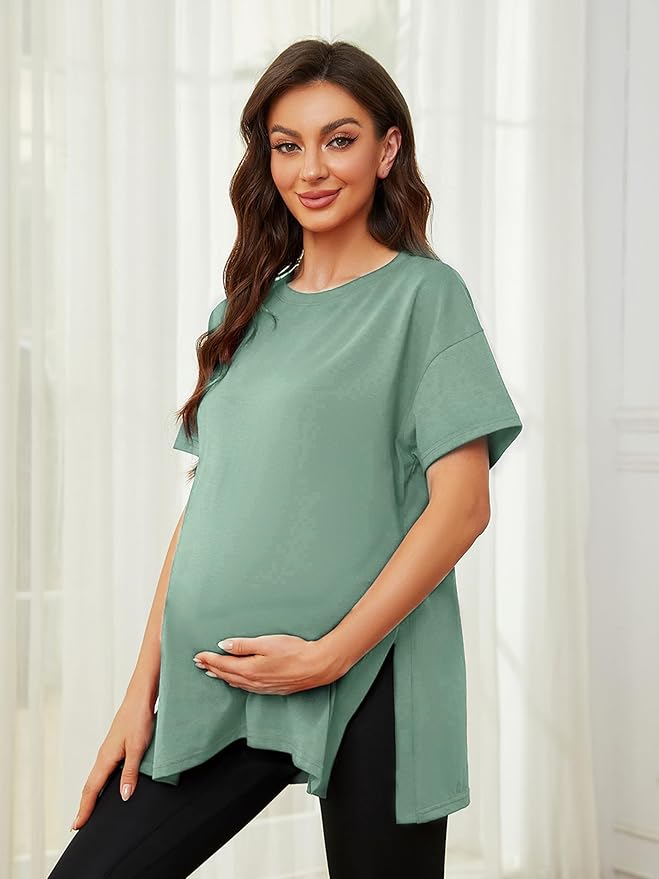 Ecavus Women's Casual Maternity Shirts Split Side Pregnancy Tops Blouses Short Sleeve Loose Fit Maternity Clothes