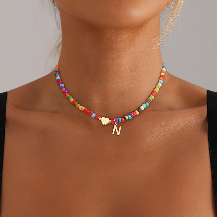 Valentines Day Gifts for Kids Women Girls - Colorful Beaded Initial Necklace Teen Girls Trendy Stuff Dainty Letter Choker Necklace Valentines Day Gifts for Her Mom Wife Jewelry