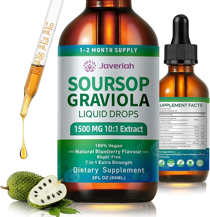 Soursop Bitters Liquid Drops Supplement with Irish Sea Moss & Turmeric for Cellular Support, Immune System Boost, Liver Health, Soursop Graviola Liquid Leaves Extract 2 Month Supply 60ML
