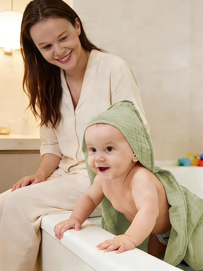 Muslin Hooded Baby Bath Towels - 3 Pack 100% Cotton Ultra-Soft Towels for Newborns, Infants, Toddlers - 32x32 Inch - Highly Absorbent, Quick-Dry Essentials for Bath, Beach, Pool, Green Blue Series