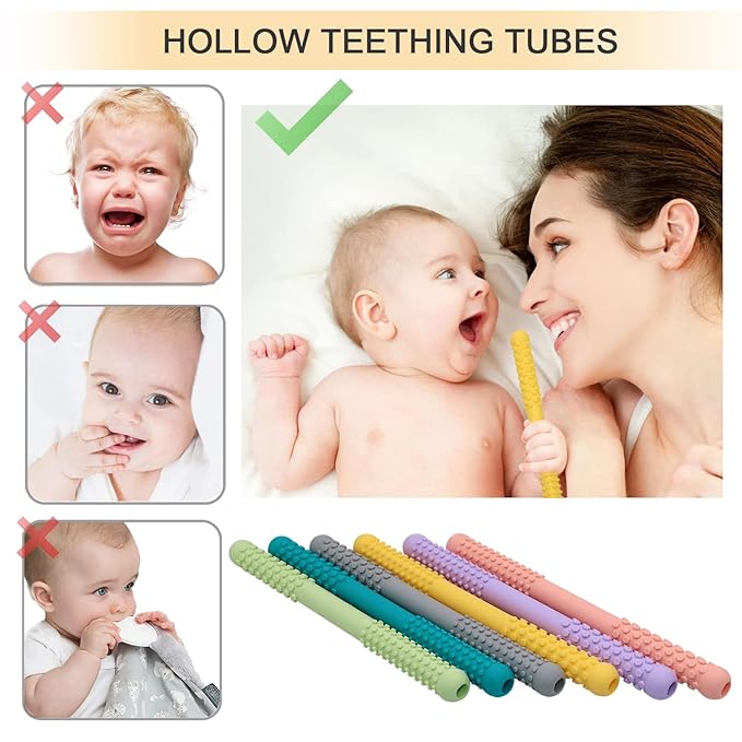 Hollow Teething Tubes Toys for Babies Girls Boys, 5 Pack Silicone Baby Teether Toy Tube for Infants with Nursing Biting Chewing, Chew Straws for Toddlers 6-12 Months (Style B)