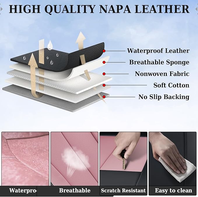 Coverado Car Seat Covers, Back Seat Cover, Rear Car Seat Cover, 3-Pieces Waterproof Car Seat Cushion, Car Seat Protector, Faux Leather Seat Cover Seat Protector Universal Fit Most Cars, Black&Pink
