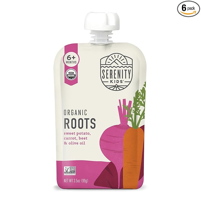 Serenity Kids 6+ Months Baby Food Pouches - Sweet Potato & Carrot Beet - USDA Organic Veggies Baby Puree - Allergen-Free Toddler Snacks - BPA-Free Recyclable Toddler Food Pouches - 3.5 Oz, 6 Pack