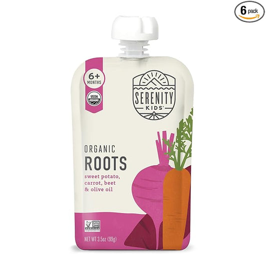 Serenity Kids 6+ Months Baby Food Pouches - Sweet Potato & Carrot Beet - USDA Organic Veggies Baby Puree - Allergen-Free Toddler Snacks - BPA-Free Recyclable Toddler Food Pouches - 3.5 Oz, 6 Pack