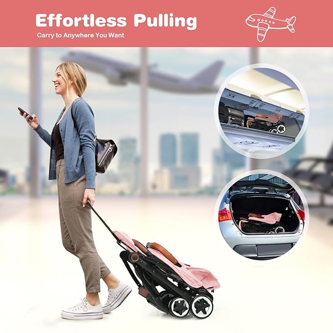 BABY JOY Lightweight Baby Stroller, Compact Toddler Travel Stroller for Airplane with 5-Point Harness, Adjustable Backrest/Footrest/Canopy, Storage Basket, Easy One-Hand Fold (Pink)