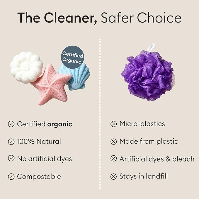 Vove Organic Konjac Body Sponges 2-Pack - Natural Full Body Exfoliating Shower Sponges, Gentle Plant-Based Cleansing for All Skin Types, Microplastic-Free Biodegradable, Certified Organic