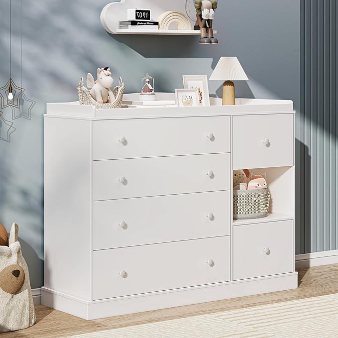 Kids Dresser Cabinet with 6 Drawers, Changing Table for Nursery with Shelf, Multi-Functional Chest of Drawers, Kids Bedroom Furniture, Nightstand for Children's Room, White