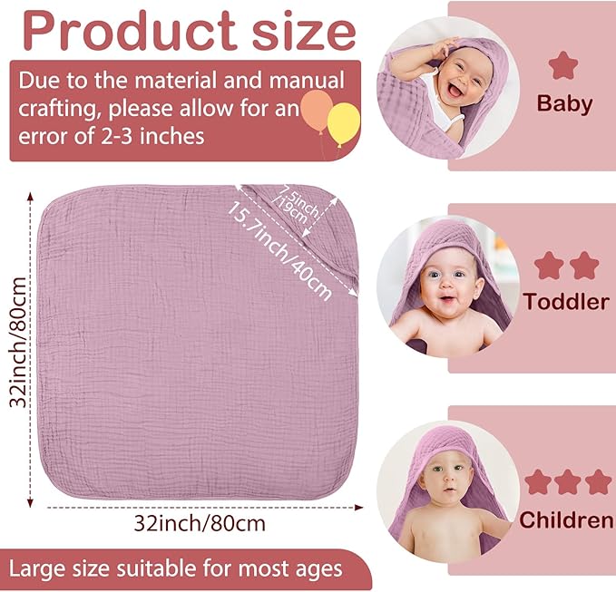 Peryiter 6 Pcs Muslin Hooded Baby Towels 32x32inch Cotton Newborn Bath Essentials Muslin Infant Blankets Absorbent Registry Baby Shower Present for Babies Girl Boy Kids (Purple Series)