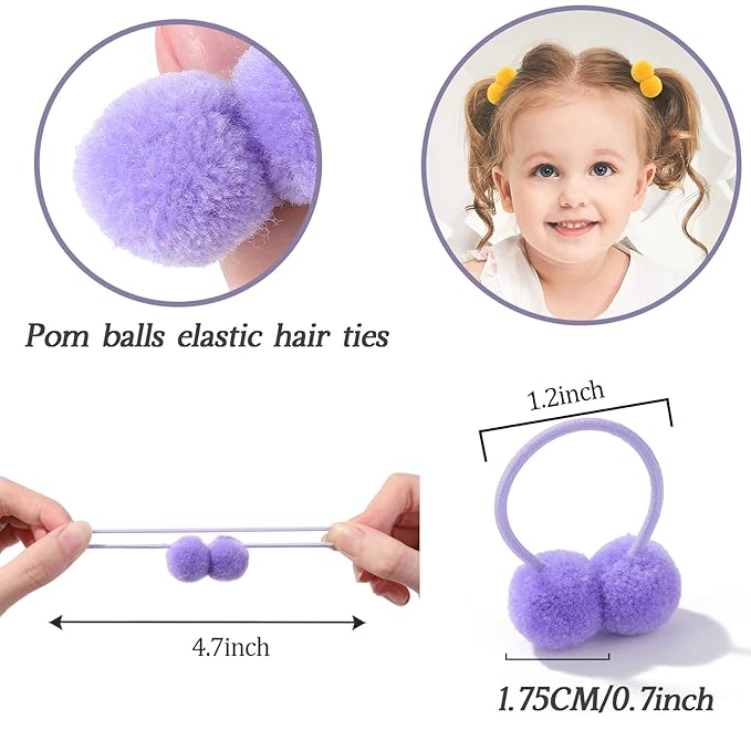 40Pcs Girls Hair Accessories - Small Fluffy Pom Ball Elastic Ponytail Holders and Rubber Bands for Baby Girls, Toddlers, Infants
