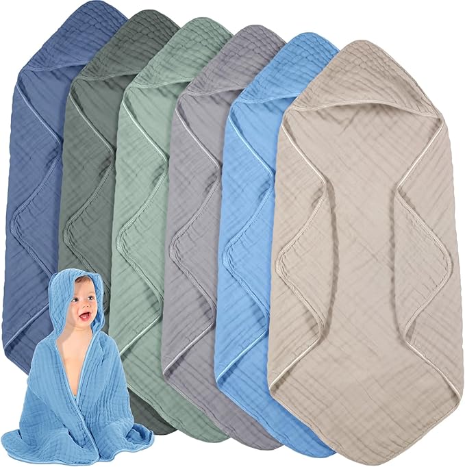 Peryiter 6 Pcs Muslin Hooded Baby Towels 32x32inch Cotton Newborn Bath Essentials Muslin Infant Blankets Absorbent Registry Baby Shower Present for Babies Girl Boy Kids (Green Series)