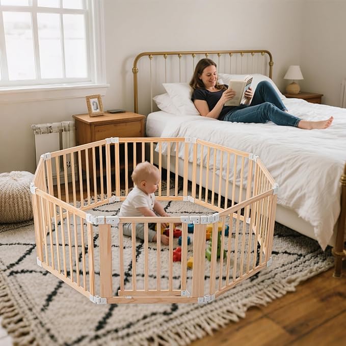 Foldable Wooden Playpen, Large Baby Wood Playpen with Locking Gate for Babies and Toddler 1-3 Year, Portable Play Yard for Activity Center Indoor Outdoor(Wood, 8 Panel)