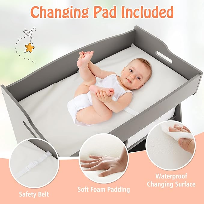Costzon Baby Changing Table, 2 Drawer Infant Diaper Changing Station with Waterproof Changing Pad, Changing Table Dresser for Nursery (Gray)