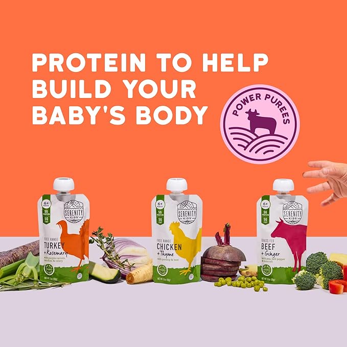 Serenity Kids 6+ Months Baby Food Pouches - Nutrient-Packed Organic Baby Food - Savory Meat & Herb Puree - Protein Pouches with 5g Protein for Toddler Snacks - 3.5 Oz, 6 Pack