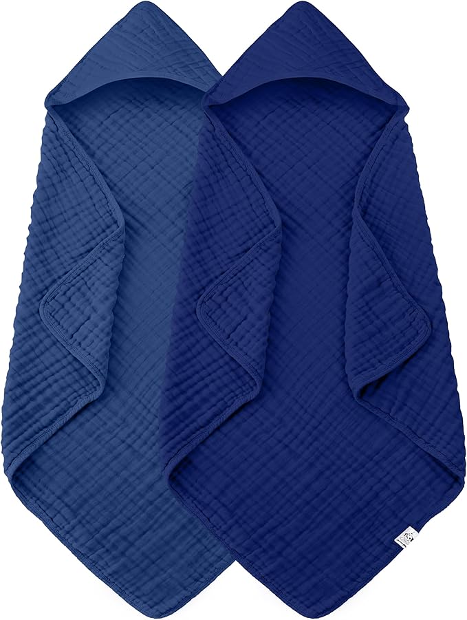 2 Pack Hooded Baby Towels - 100% Muslin Cotton for Newborns, Infants, Toddlers - Large 32x32 Inch Size - Highly Absorbent and Essential for Newborn Care, Deep Navy