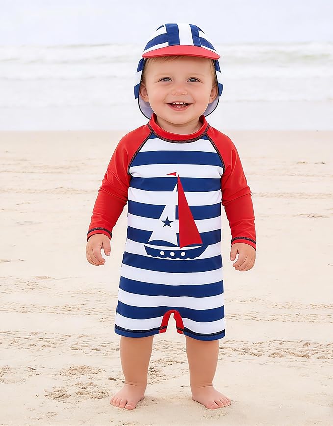 ADUKIDE Baby Boys Swimsuit Summer Beach Rash Guard Swimwear One Piece Sunsuit with Sun Hat 3-24 Months