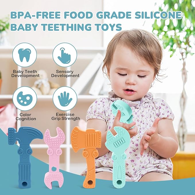 TYRY.HU Baby Teething Toys for Babies, Baby Teether Toys, BPA Free Silicone Baby Molar Teether Chew Toys, Hammer Wrench Spanner Pliers for Boys Girls, Soft-Textured, Easy to Hold & Clean, 4 Packs