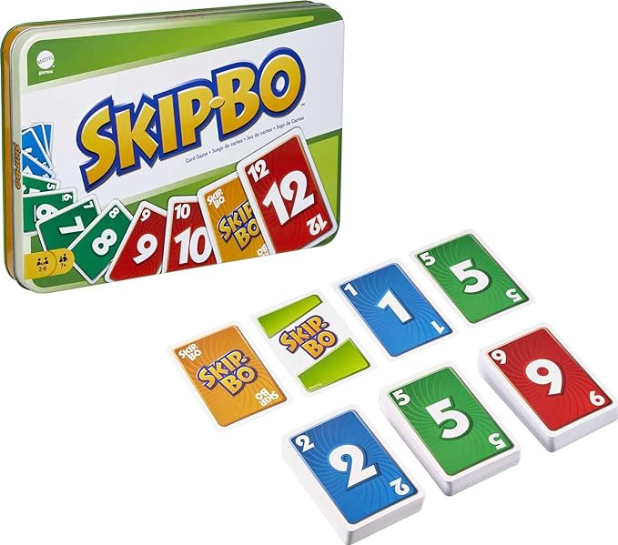 Mattel Games Skip-Bo Card Game in Storage & Travel Tin for Kids, Adults & Families, Color Blind Accessible Deck for 2 to 6 Players