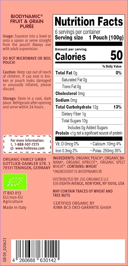 Holle Organic Baby Food Pouches - Panda Peach Baby Puree with Peach, Banana, Apricot & Spelt - (6 Pack) Organic Baby Snacks + Fruit and Veggie Pouches for Weaning Babies 6 Months and Older