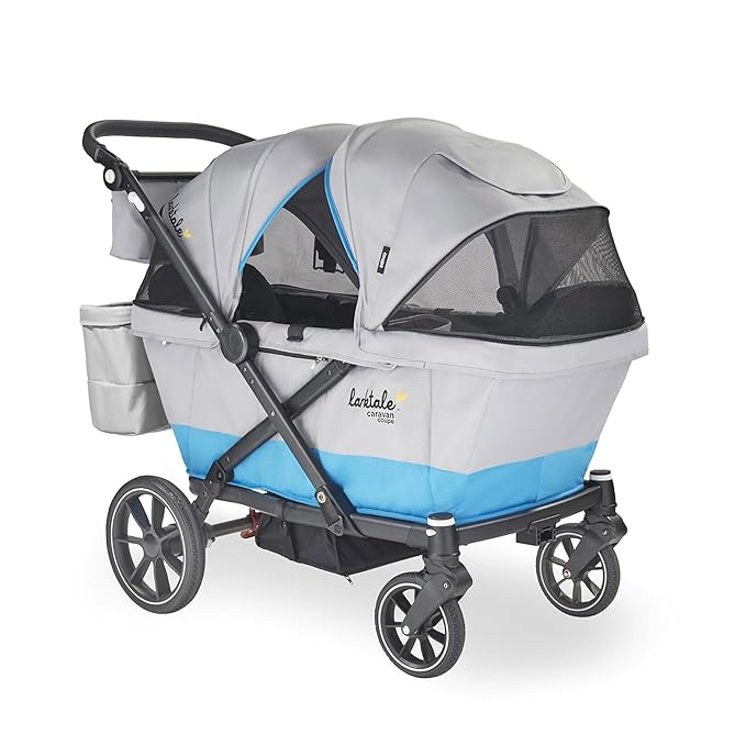 Larktale Compact Stroller Wagon with Reclining Seats for 2 Kids, Caravan Coupe V2, Gray/Blue