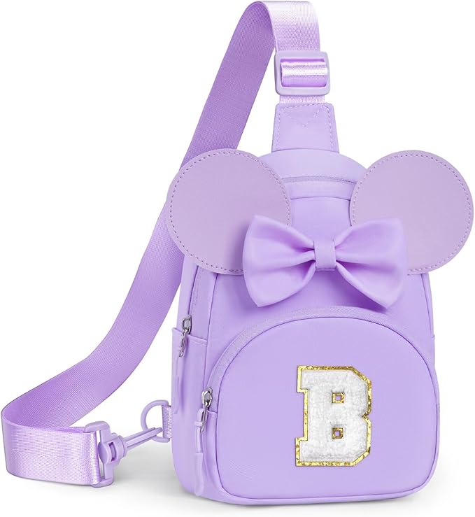 YOOLIFE Birthday Gifts for 2 3 4 5 6 7 8 Year Old Girls Kids, Small Initial Sling Bag for Girls Crossbody Bag Toddler Purse, Initial Fanny Pack for Little Girl, Cute Monogram Sling Bags, Purple (B)