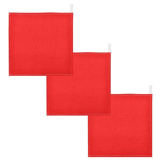 YETTASBIN Red Solid Color Muslin Baby Hand Washcloths, Soft Cotton Bath Face Towel, 4 Layers Extra Absorbent Feeding Burp Cloth for Newborn Infant Sensitive Skin, 3 Pack