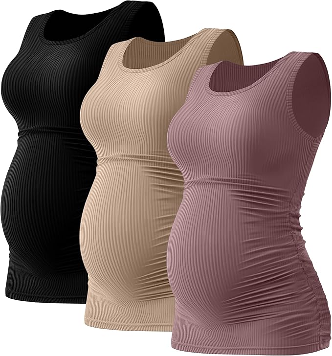 Riyiper 3 Pack Women's Maternity Tank Tops, Sleeveless Cotton Pregnancy Shirts Ribbed Knit Sides Ruched Basic Mama Clothes