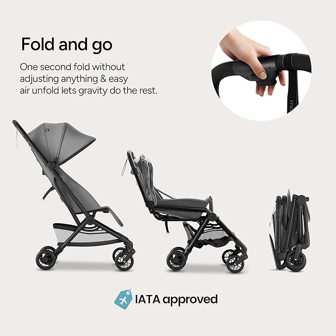 Mompush Velo Lightweight Travel Stroller, Compact & Airplane-Friendly for Baby and Toddler, Lie-Flat Seat, One-Hand Fold, with Leather Bumper Bar, Shoulder Strap, Raincover, Storage Bag & Cup Holder