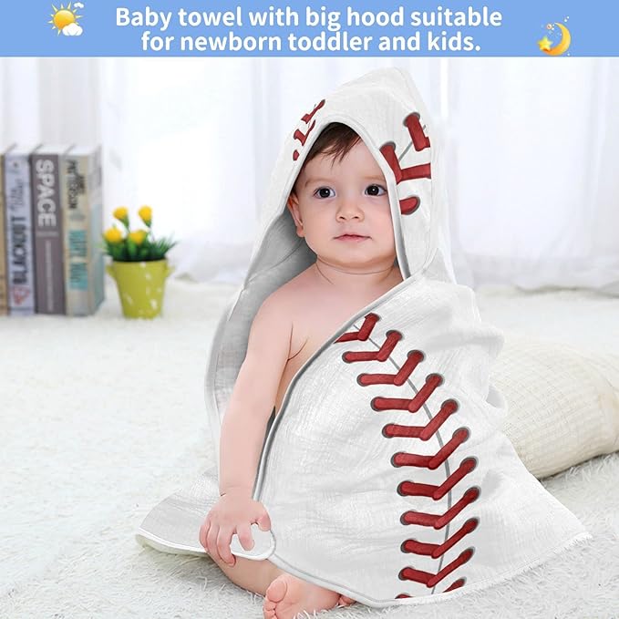 Sport Baseball Print Baby Towel Ultra Soft Hooded Towels for Babies - Ultra Absorbent Cotton Bath Towels 35x35 Inch