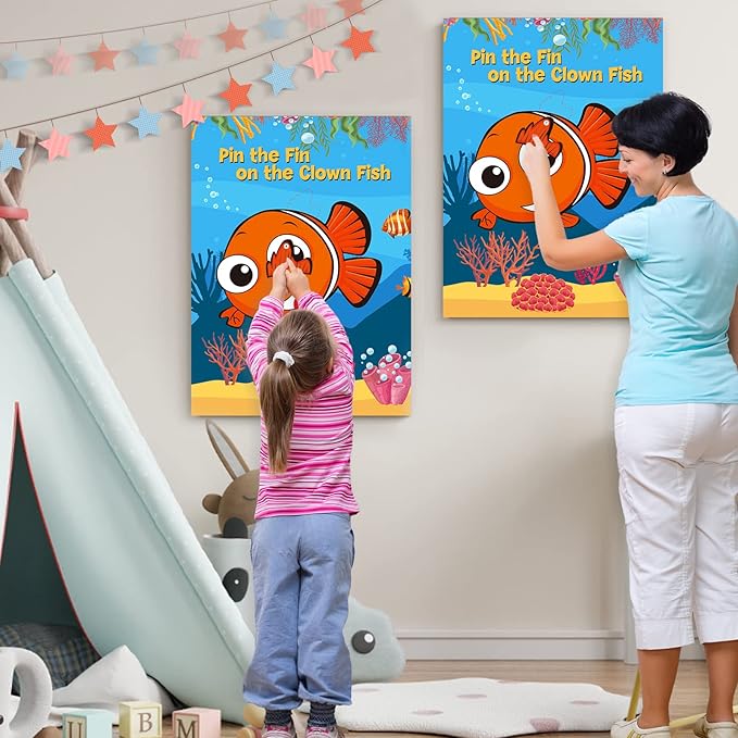 NEBURORA 2 Pack Pin The Fin on The Clownfish Party Game 2 Large 21"x 28" Posters with 48pcs Stickers Ocean-Themed Birthday Party Supplies Decorations for Kids Boys Classroom Game Wall Home Decor