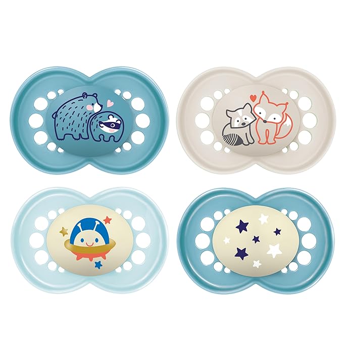 MAM Original Baby Pacifiers 6-16 Months, Binky for Newborn Babies, BPA-Free Skin Soft Silicone Nipple, Glows in The Dark, Developed with Medical Experts, 4 Count, Sterilizer Case, Made in Europe