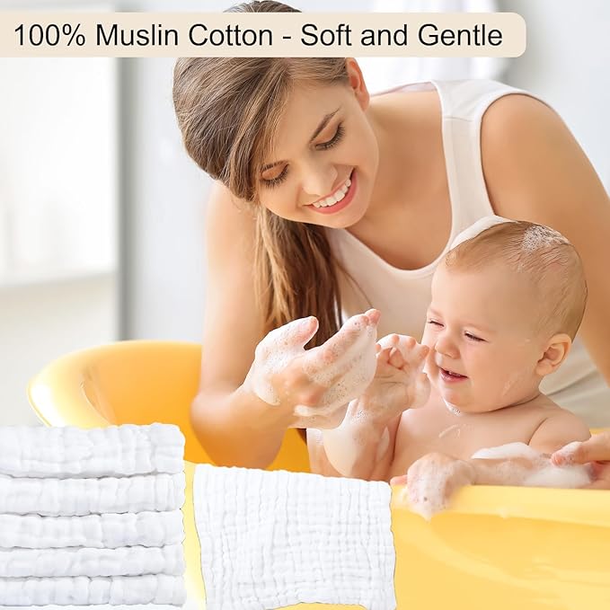 8 Pack Muslin Burp Cloths for Baby, 100% Organic Cotton Baby Washcloths for Boys Girls Large 20''X10'' Super Soft and Absorbent (White-8 Pack)