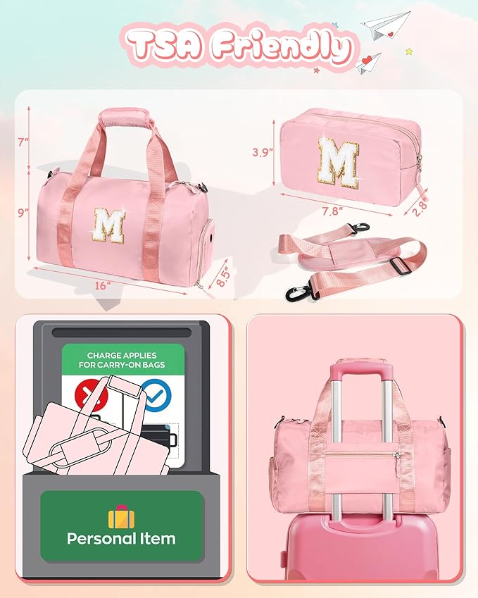 Gifts for Teens Girls-Girl Gym Bag with Shoe Compartment, Kid Personalized Weekender Overnight Bags, Initial Travel Tote with Makeup Pouch, Gift for 3 4 5 6 7 Year Old Kids (Letter T)