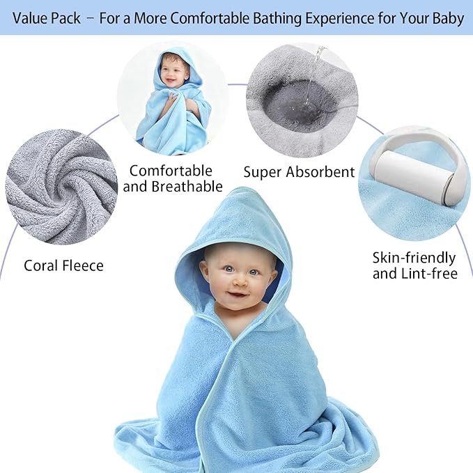 4 Pack Hooded Baby Towels, 32x32 Inch Absorbent Bath Towels, Soft Coral Fleece Hooded Towel for Newborns, Infants, and Toddlers – Baby Bath Essentials (2X Light Gray + 2X Sky Blue)