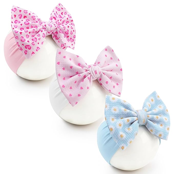 Baby Bow Headbands 3 Pcs Baby Girl Headbands with Bows Soft Nylon Heart Daisy Headband Bows for Baby Girls, Newborns, Infants