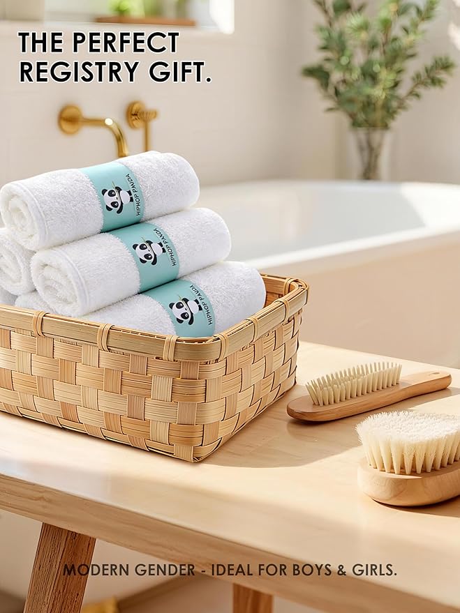 HIPHOP PANDA Baby Washcloths, Rayon Made from Bamboo - 2 Layer Ultra Soft Absorbent Newborn Bath Face Towel - Reusable Baby Wipes for Delicate Skin - White, 6 Pack