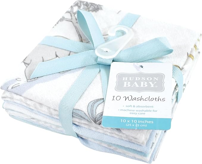 Hudson Baby Unisex Baby Flannel Cotton Washcloths 10-Pack, Boy Safari World, One Size