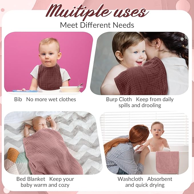 6 Pcs Muslin Hooded Bath Towels Washcloths and Bibs Set, Muslin Cotton Baby Towels Absorbent Hooded Blanket Towel Infant Bibs for Boys Girls Newborn Infant Essential (Dusty Rose, Deep Rose)