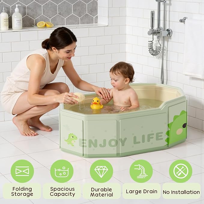 Collapsible Baby Bathtub for Shower, Portable Foldable Toddler Bath Tub with Non-Slip Base, Compact Travel Essentials for Kids & Infants, Easy Storage in Small Spaces, Dinosaur Pattern