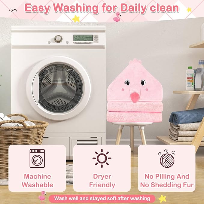 4 Pcs Baby Towels and Washcloths Set, Hooded Baby Towel, Soft and Absorbent Baby Bath Towels, 32x32 in Baby Towel with Hood and 3 Pcs Baby Washcloths for Boys and Girls (Pink Flamingo)