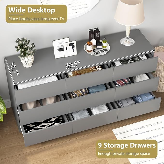 Grey 9 Drawer Dresser for Bedroom,Modern Long Dresser with Deep Drawers,Wide Storage Chest of Drawer,Wood Bedroom Storage Organizer Drawers forBedroom