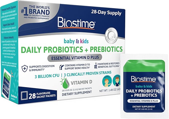 Biostime Infant Baby Toddler Kids Probiotic & Prebiotic with Vitamin D | Baby Probiotic Powder | Kids Immune Support | Constipation Relief for Babies * | Supports Digestion, Gas Relief | 28 Packets