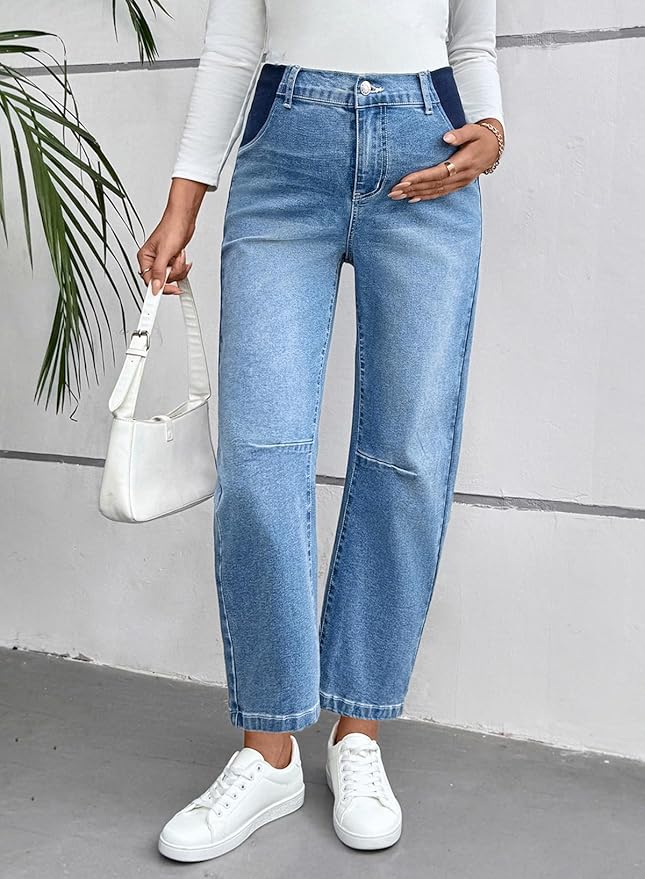 BLENCOT Women's Maternity Jeans Elastic Hight Waist Stretch Barrel Jeans Wide Leg Side Panel Pregnancy Denim Pants