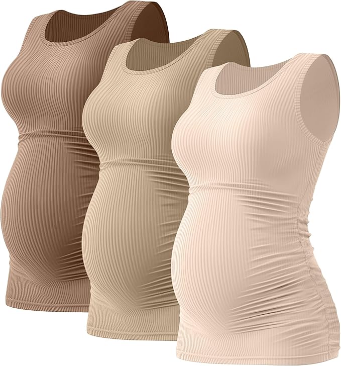 Riyiper 3 Pack Women's Maternity Tank Tops, Sleeveless Cotton Pregnancy Shirts Ribbed Knit Sides Ruched Basic Mama Clothes