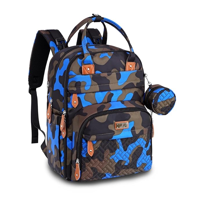 BabbleRoo Diaper Bag Backpack - Baby Essentials Travel Tote - Multi Function Water Resistant Diaper Bag, Travel Essentials Baby Bag with Changing Pad, Stroller Straps & Pacifier Case - Blue Camo