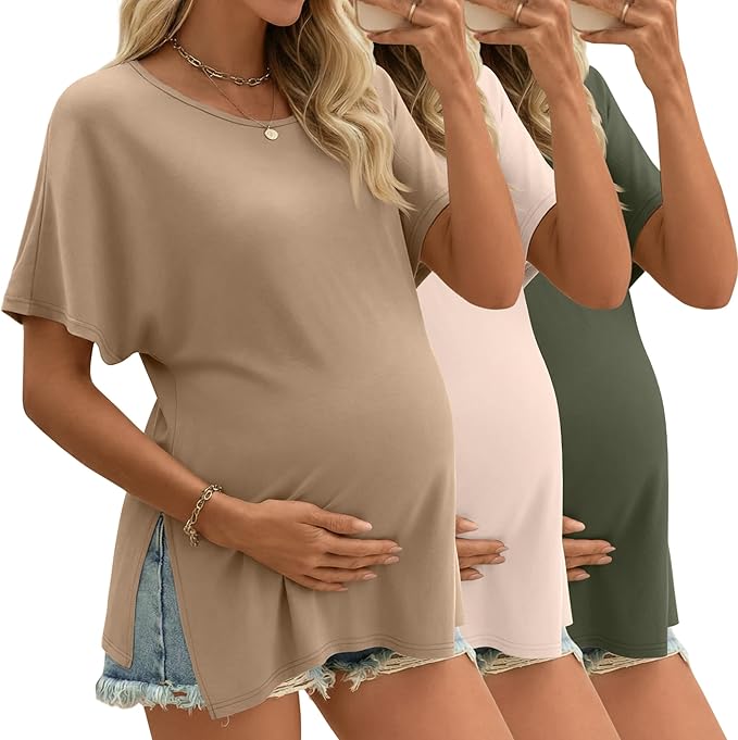 Riyiper 3 Pack Women's Maternity Tunic Shirts Cotton Summer Pregnancy Clothes Loose Oversized Split Side Blouse Tops