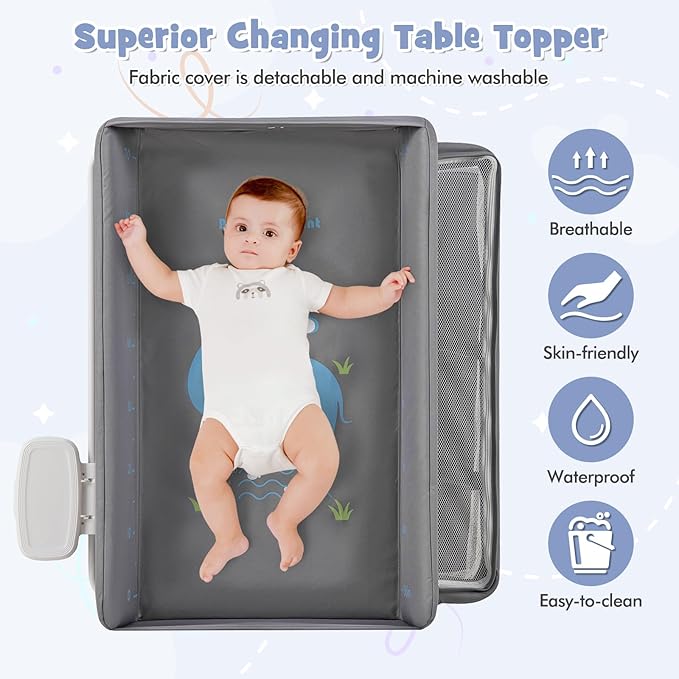 HONEY JOY Changing Table, Foldable Baby Mobile Nursery Organizer w/Wheels, Adjustable Heights, Storage Bag & Shelves, Waterproof Diaper Changing Station Dresser, Portable for Newborn Infant (Gray)