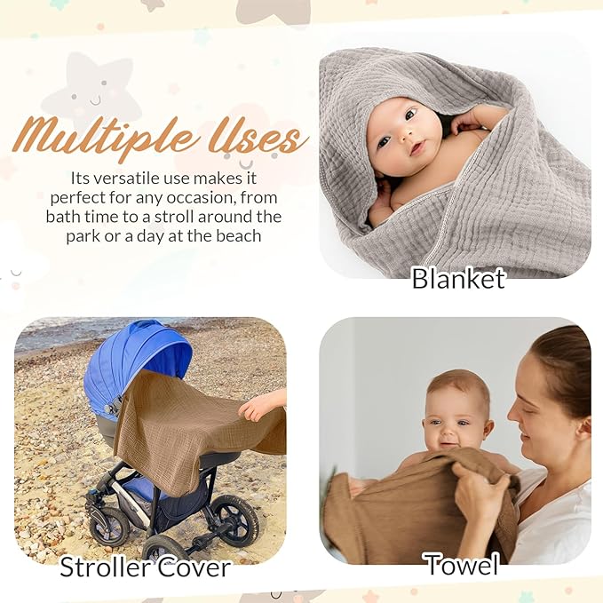 6 Pcs Muslin Hooded Bath Towels Washcloths and Bibs Set, Muslin Cotton Baby Towels Absorbent Hooded Blanket Towel Infant Bibs for Boys Girls Newborn Infant Essential(Brown, Beige)