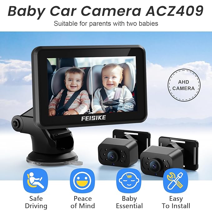 FEISIKE Baby Car Camera, 1080P Dual-Channel 5 inch Display Baby Car Mirror with 2 IR Night Vision Camera, Easily Install Car Camera for Baby with Crystal Clear Wide View for Rear Facing Seat